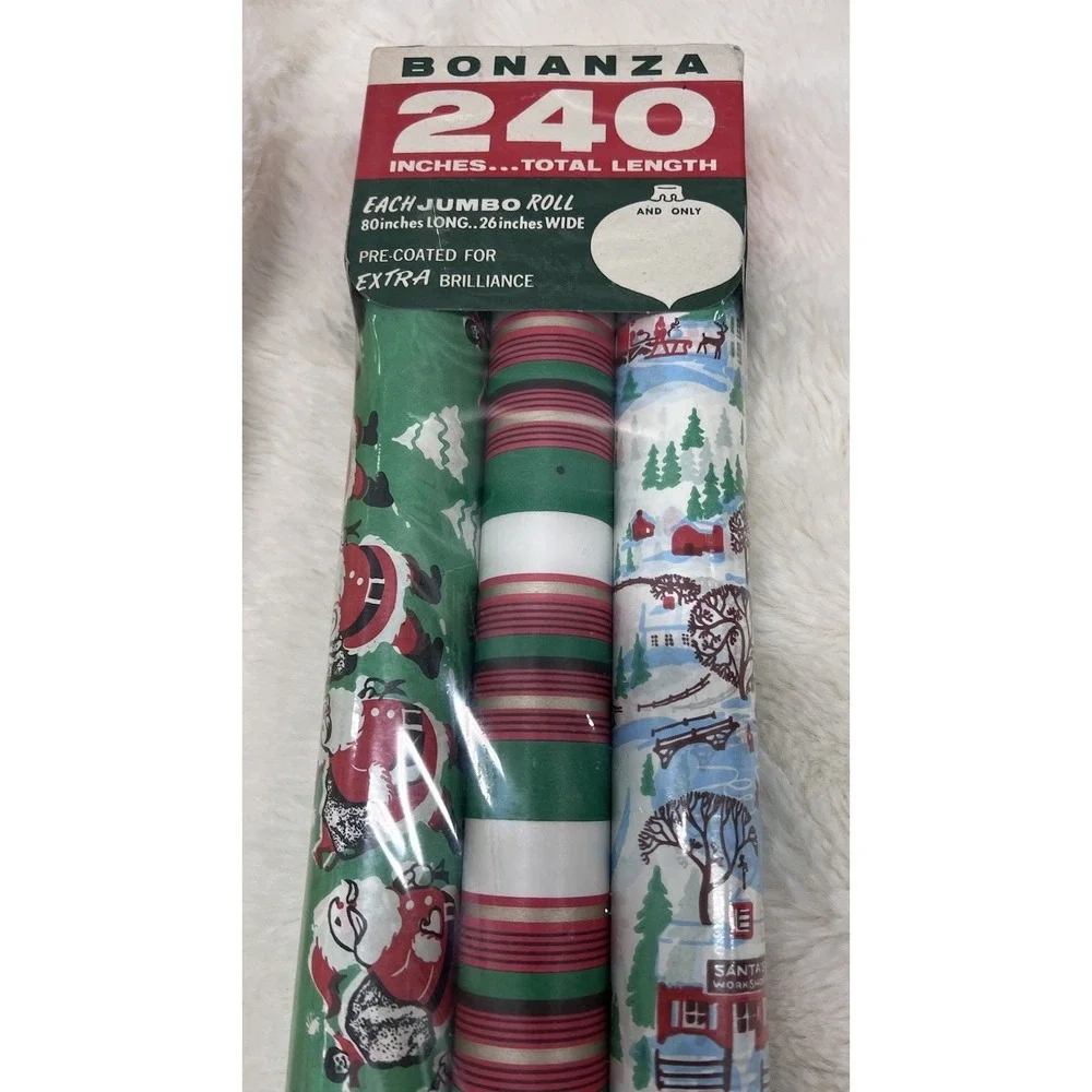 Vintage Bonanza Wrapping Paper 50s 60s Mcm Santa Stripes Kitschy Roll 3 Lot